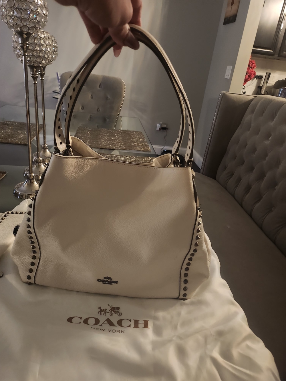 Coach Ivory/White Leather Shoulder Bag with Stud Accents